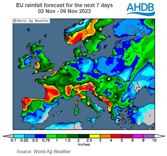 Map showing rain across the EU over the next seven days is expected